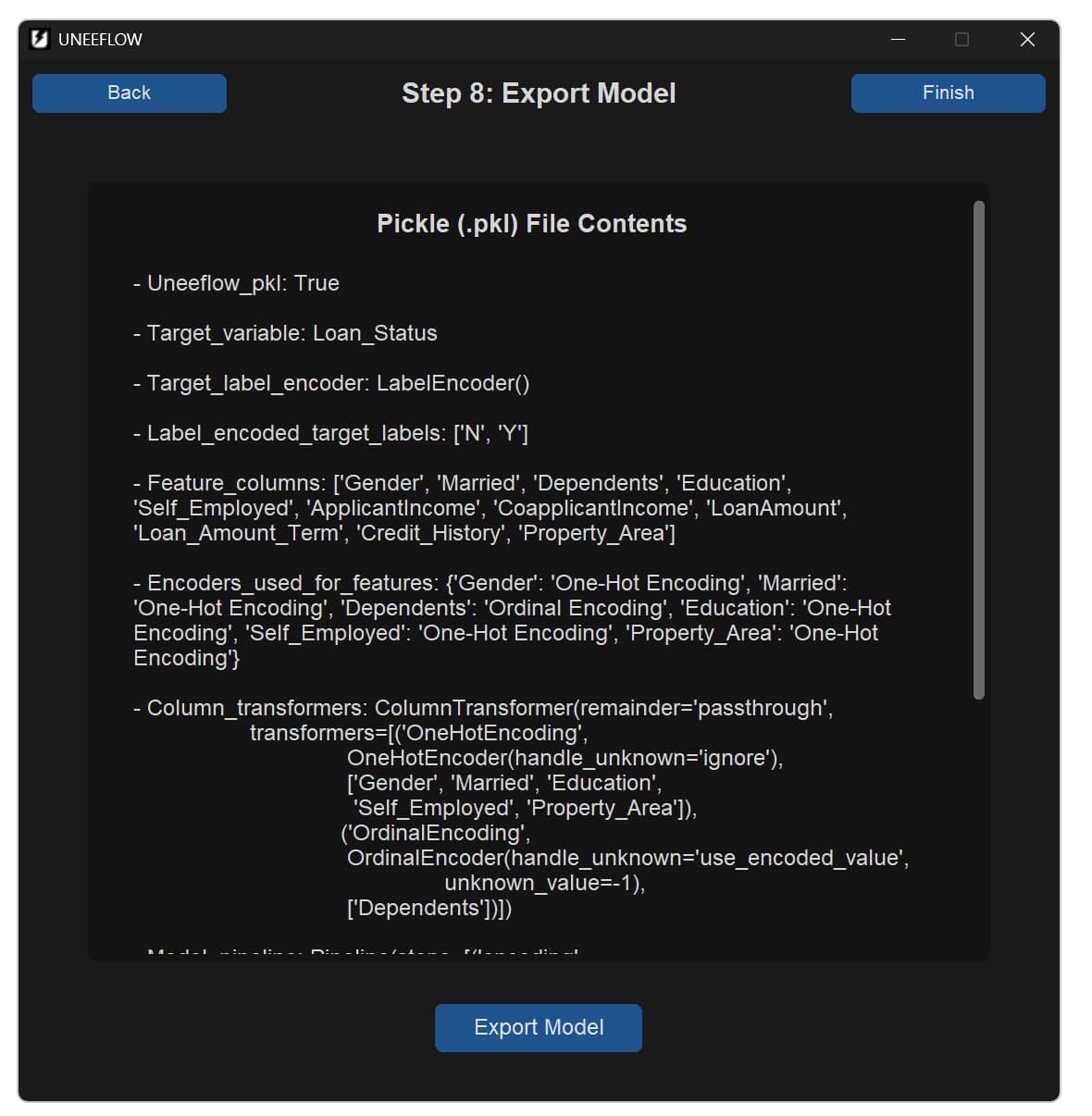 UNEEFLOW Step 8 export screen showing the contents saved with a trained model