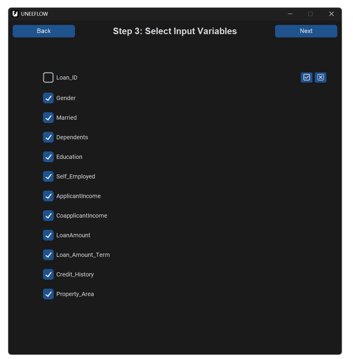 UNEEFLOW Step 3 input-variable selection with dataset columns selected
