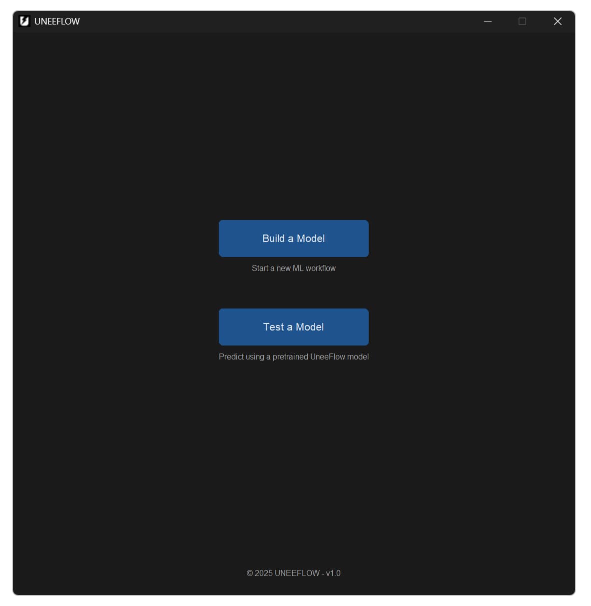 UNEEFLOW main menu with options to build a model or test a model