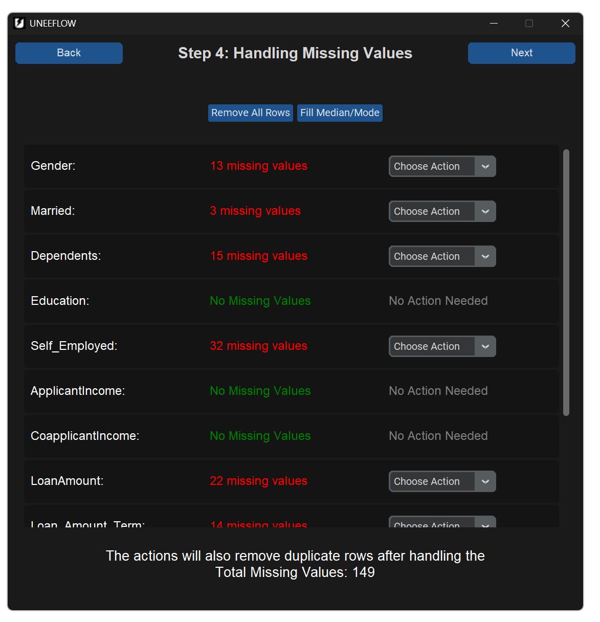 UNEEFLOW missing-value screen listing affected columns and handling choices