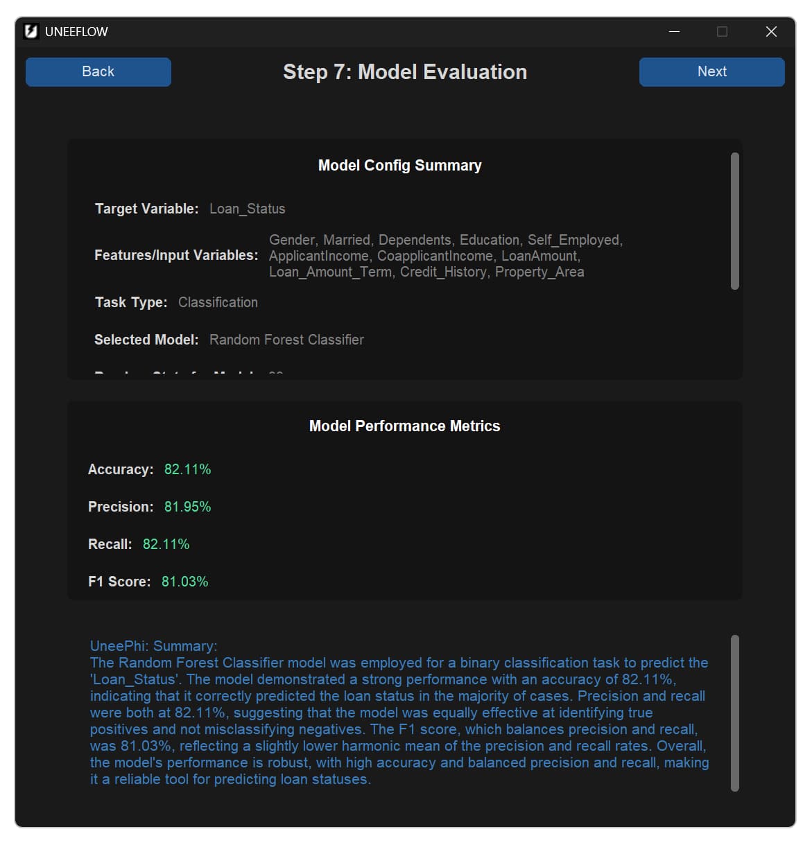 UNEEFLOW model evaluation screen with performance metrics and UneePhi interpretation
