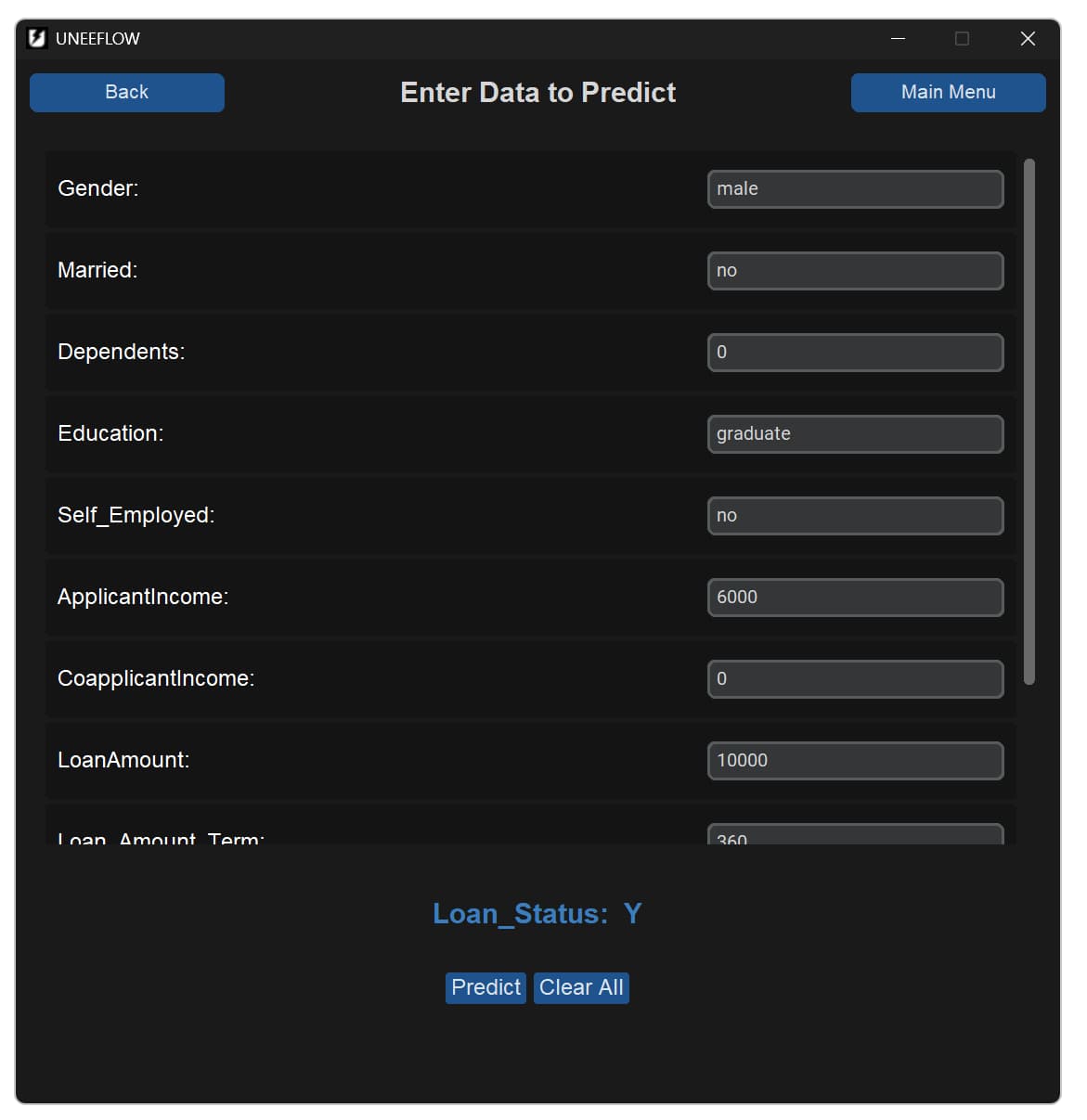 UNEEFLOW generated prediction interface filled with sample input values and a result