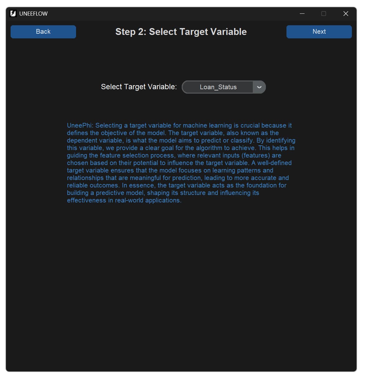 UNEEFLOW Step 2 target-variable selection with guidance from UneePhi