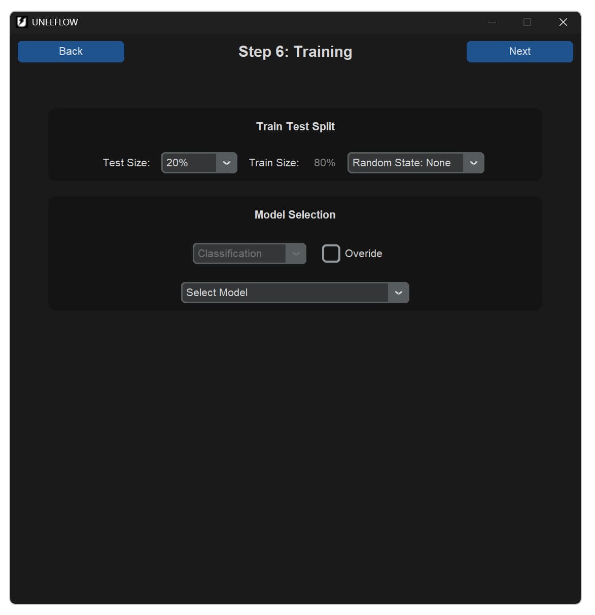 UNEEFLOW Step 6 training screen with train-test split and model selection controls